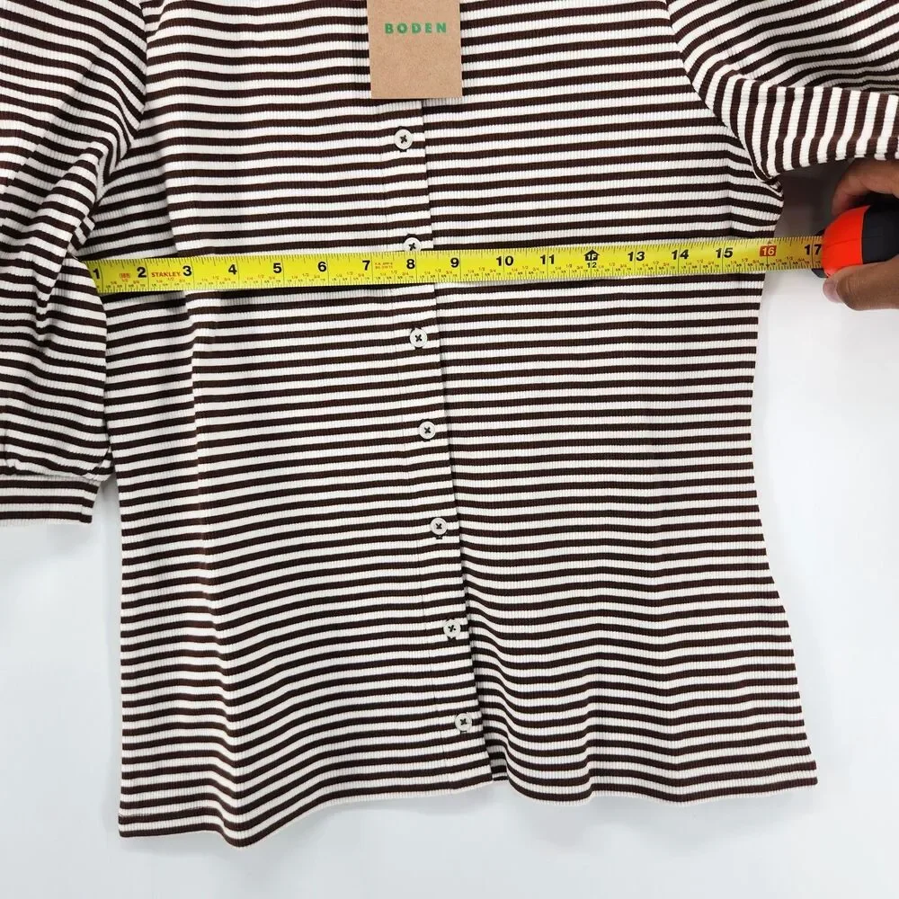 Boden Women's Size US 10‎ Potting Soil Ivory Stripe Ribbed Puff Sleeve Top NWT